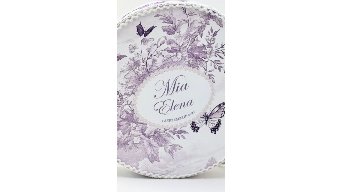 Trusou botez Purple Toile cu fluturi și flori mov personalizat 3